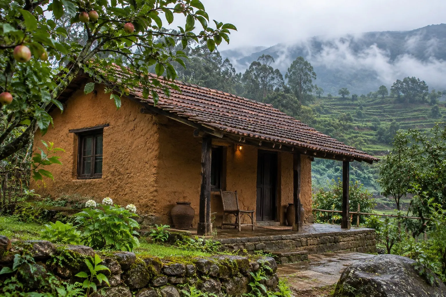 Traditional mud house beneath fruit trees in the misty Kanthalloor hills